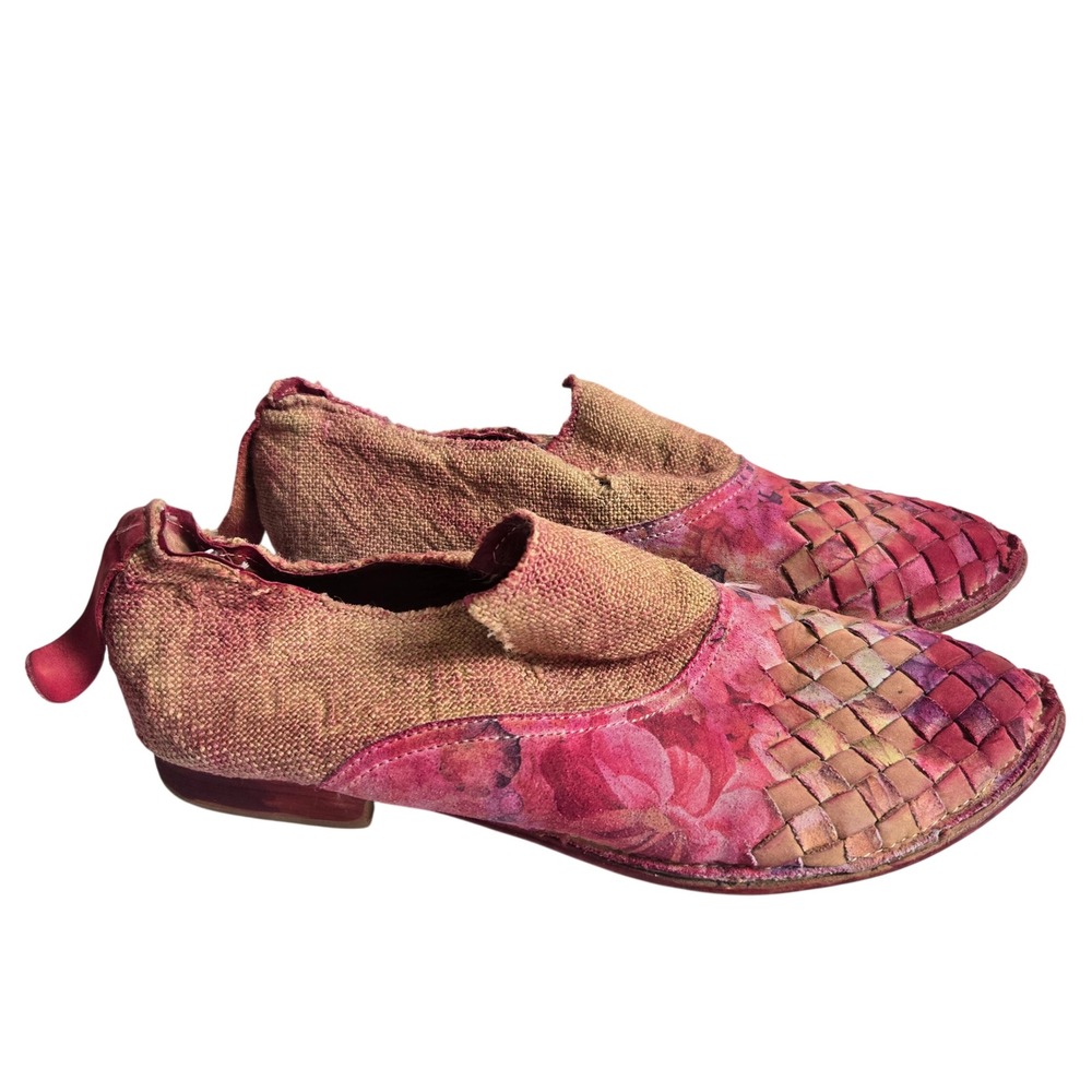 Papucei 39 Woven Leather Floral Flats Womens Pink Fair Bohemian Slip On Shoes